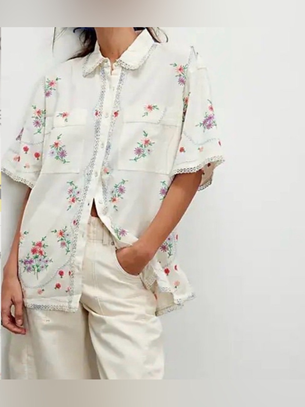 Free People Emma Embroidered Cotton Linen Button-Front Shirt-NWOT